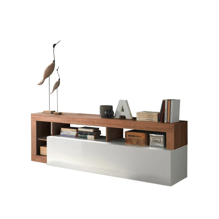 Meuble TV HAMBURG – Blanc laqué brillant / Bois Mercure